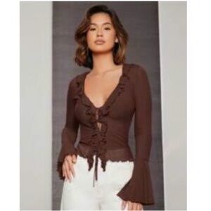 Brown Ruffled Sheer Blouse